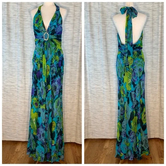 Donna Ricco Halter Maxi Gown in Blue and Green - Picture 3 of 16